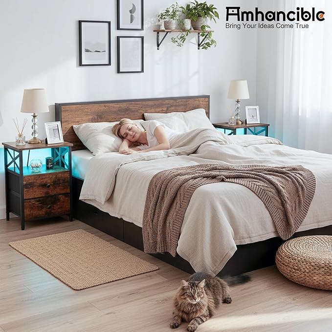 AMHANCIBLE Night Stand Set 2, LED Nightstand with Charging Station, End Tables Living Room with Fabric Drawers, Bedside Table for Bedroom, Rustic Brown, HET052LBR