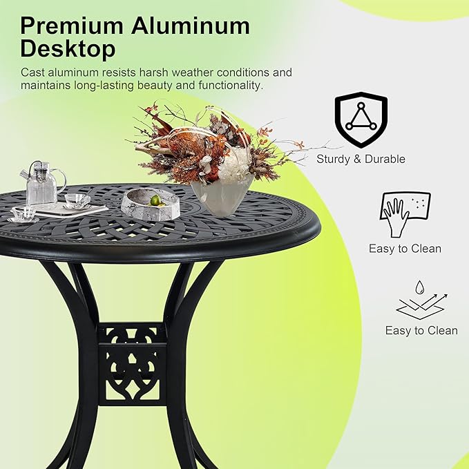 30.3" Patio Bistro Table Cast Aluminum Patio Table,Metal Patio Dining Table with Umbrella Hole,All Weather Outdoor Bistro Dining Table for Backyard, Garden, Balcony, Bronze