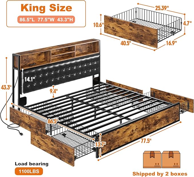 EnHomee King Size Bed Frame with 4 Storage Drawers, King Bed Frame and Headboard Built in Charging Station,No Noise,No Box Spring Needed,Vintage Brown