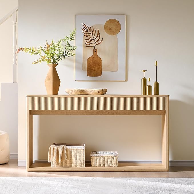 OKD 63" Fluted Console Table for Entryway, Modern Entryway Table with 2 Large Drawers, Long Sofa Table Behind Couch for Living Room, Hallway, Couch, Foyer，Natural Oak