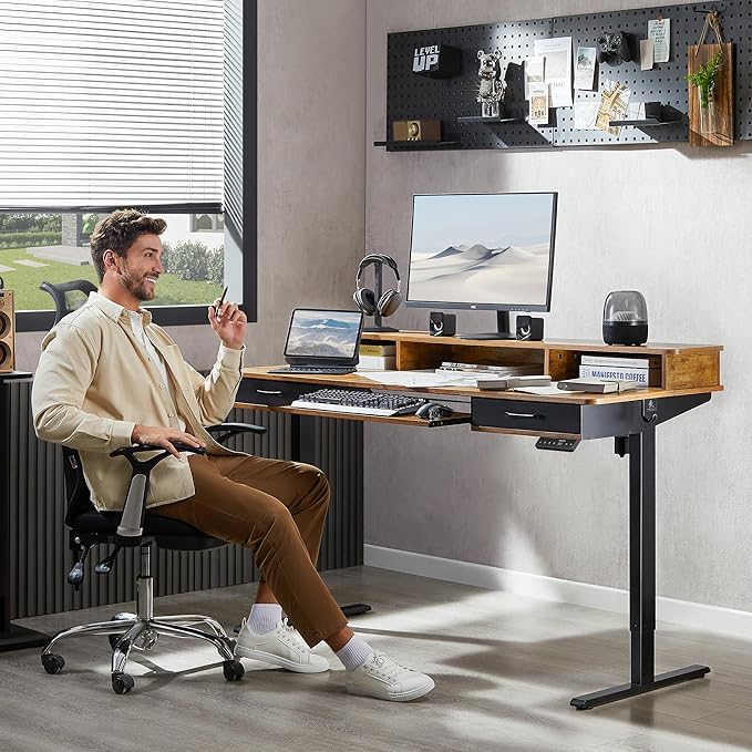 55x24 Inches Electric Standing Desk with Keyboard Tray, Height Adjustable Stand up Desk with 2 Drawers, Ergonomic Sit to Stand Desk with Storage Monitor Stand, Computer Table, Rustic Brown