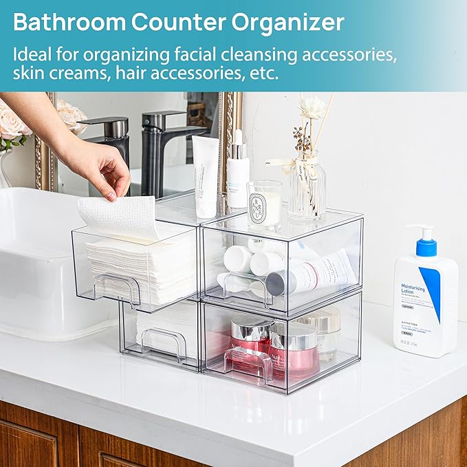 Vtopmart 12 Pack Small Clear Stackable Storage Drawers,Acrylic Bathroom Makeup Organizer,Plastic Storage Bins For Vanity, Undersink, Kitchen Cabinets, Pantry, Home Organization