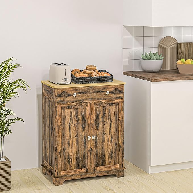 HOMCOM Sideboard with Solid Wood Countertop, Modern Kitchen Storage Cabinet, Coffee Bar Cabinet with 2 Drawers, Doors and Adjustable Shelf, Rustic Brown