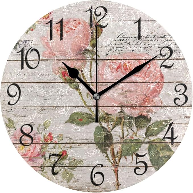 Wall Clock Vintage Wood Grain Flower Silent Non-Ticking Decorative Round Wall Clocks Battery Operated for Office Home Living Room Kitchen Bedroom 10 Inch