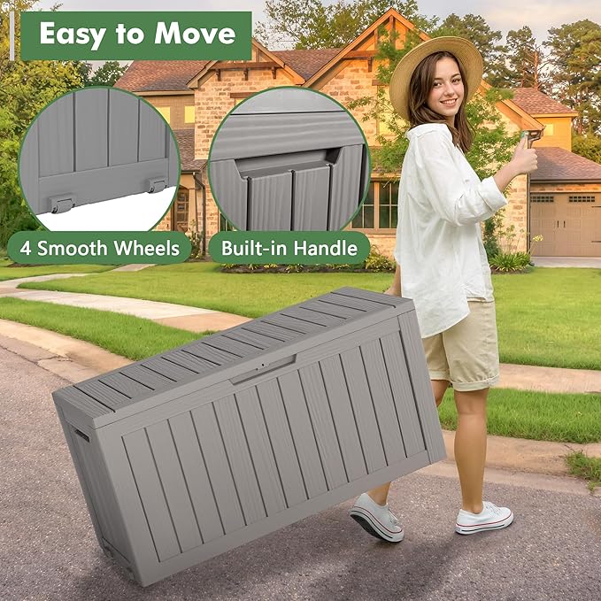 Outdoor Storage Box, Resin Deck Boxes Indoor and outdoor, Waterproof Storage Box Lockable Lid (Grey, 73 Gallon)