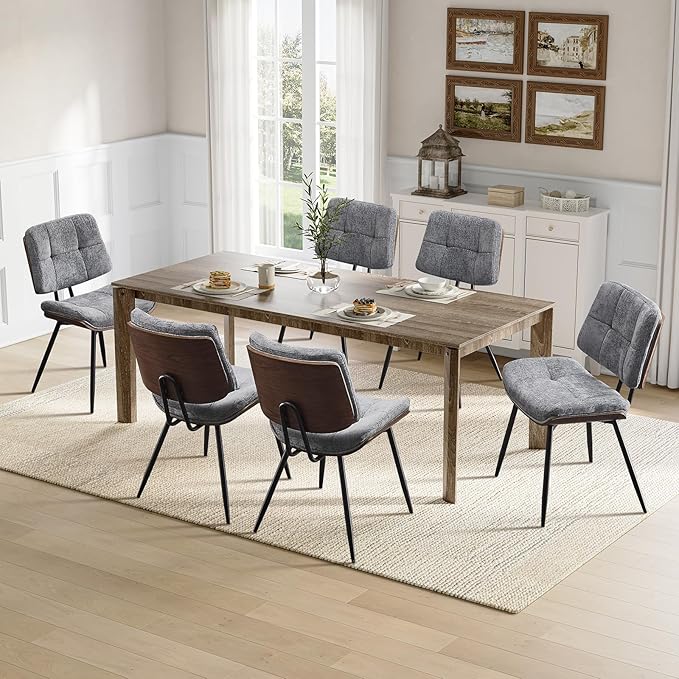 Dining Chairs Set of 6,Mid Century Modern Kitchen Chairs with Walnut Bentwood Back and Metal Legs,Upholstered Fabric Dining Room Chairs for Kitchen, Living Room,Grey