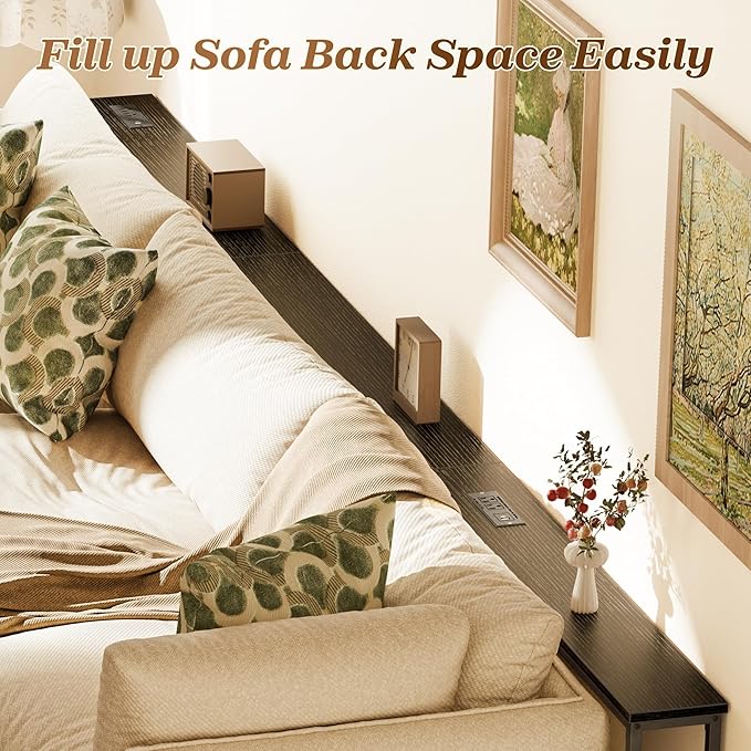 SUPERJARE 110.2 Inch Sofa Table with 2 Power Outlets and USB-C Port, 5.9 Inch Narrow Console Table with Storage, Extra-Long, for Entryway Hallway Couch Behind Sofa, Small Spaces, Black