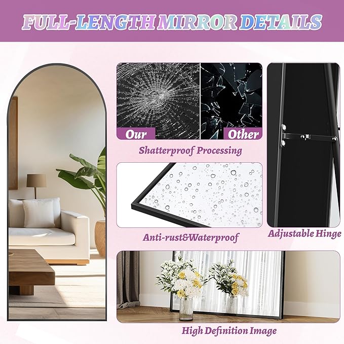 Full Length Mirror, 58"x18" Arched Floor Mirror Freestanding, Floor Standing Full Body Mirror with Stand for Bedroom, Hanging Mounted for Living Room Cloakroom, Black