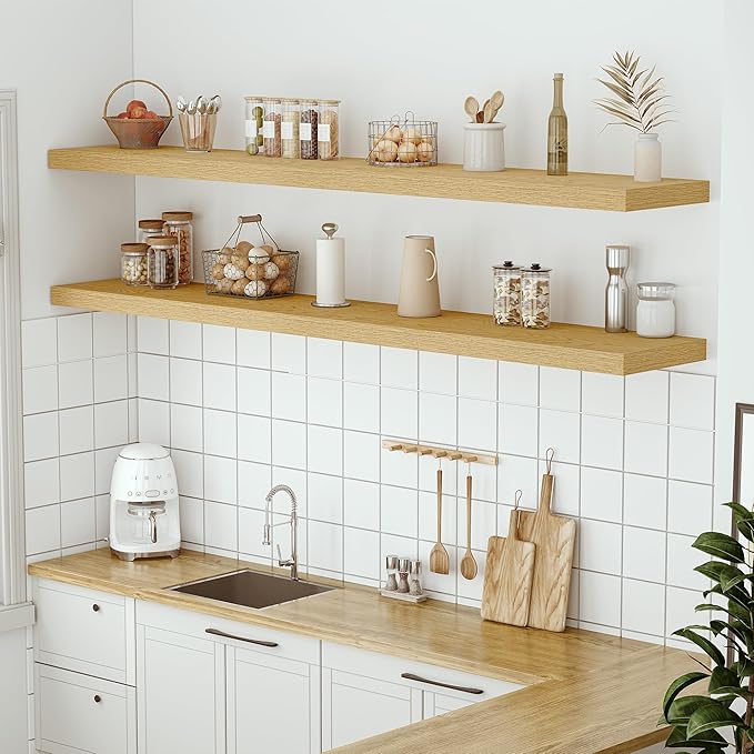 Vivelove 12" Deep Floating Shelves with Invisible Brackets, 72" Wall Shelves for Bathroom Bedroom Kitchen Living Room Laundry Room, Modern Rustic Shelves for Home Decor, 72"x12"x2", Set of 1, Oak