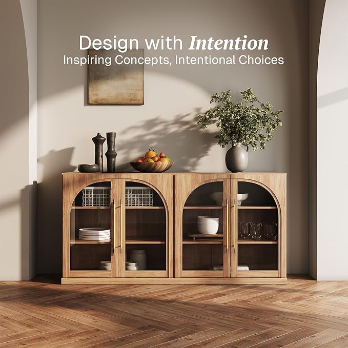 BELLEZE 65" Arched Sideboard with Glass Door, Accent Buffet Cabinet with Storage and Adjustable Shelves, Classic Modern Large Console Table for Dining Room Living Room Entryway (Camel)