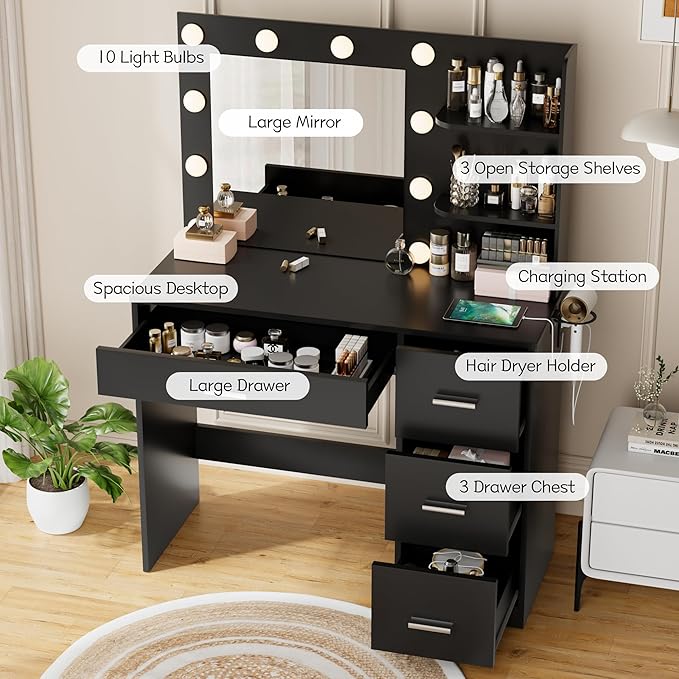 YESHOMY Vanity Desk with Mirror, 10 Lights, Power Outlet and 3 Storage Shelves, Makeup Table with 4 Drawers, 3 Color Modes, for Bedroom, Black