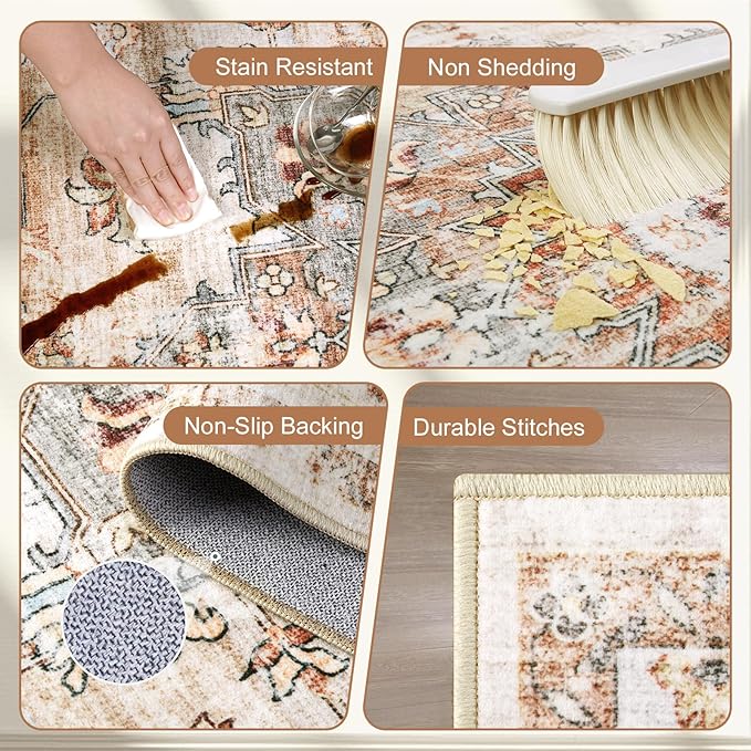 Area Rugs for Living Room 10x14 - Extra Large Machine Washable Vintage Oriental Soft Rug, Low Pile Thin Carpet with Non Slip Backing for Bedroom, Dorm, Dining Room, Indoor House, Office