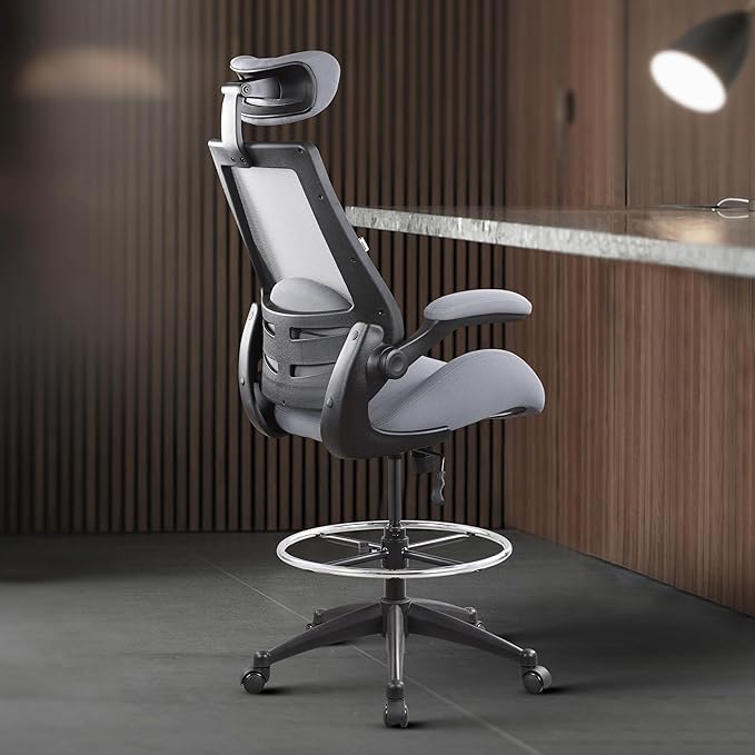 BOLISS 400lbs High Back Computer Office Drafting Chair Flip up Armrests Lumbar Support Adjustable Big Footrest Ring (Grey)