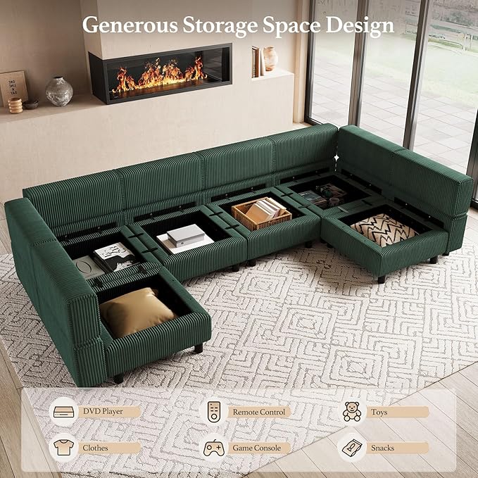 114.2" U Shaped Sectional Sofa,6 Seat Corduroy Couch,Comfy Modular Sectional Sofa with Storage Movable Ottoman Chaise,Upholstered Sectional Couches for Living Room,Green