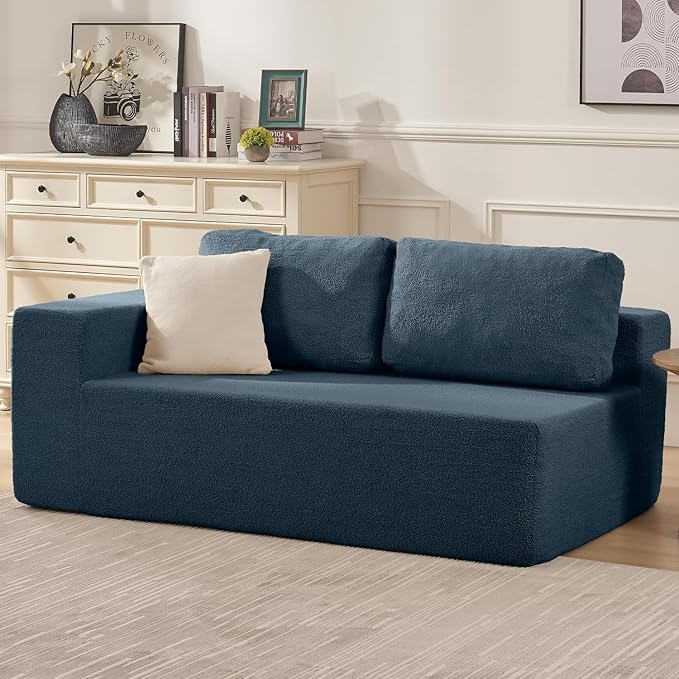 Loveseat Sofa, Cloud Modular Sofa Couch, Upholstered Floor Sofa with Deep Seat, Upholstered Foam Couch for Bedroom Living Room, No Assembly Required (Teddy Boucle, Blue)