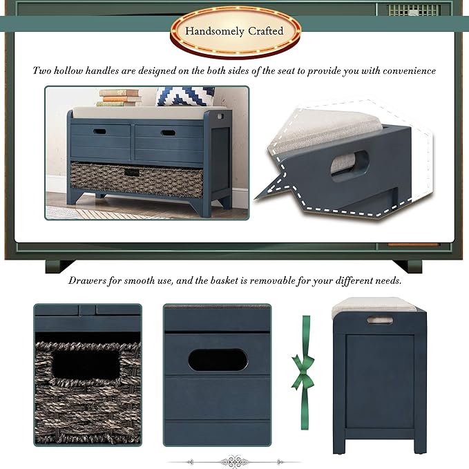 Entryway Shoe Storage Bench with Cushion, Fully Assembled Solid Wood Bench with 2 Drawers and Removable Basket for Hallway, Bedroom or Living Room (Navy)