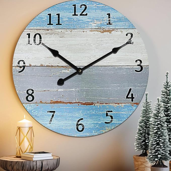 Large Wall Clock for Living Room Decor，24 Inch Blue Round Wood Clock for Bedroom,Coastal Vintage Rustic Clock for Farmhouse Kitchen