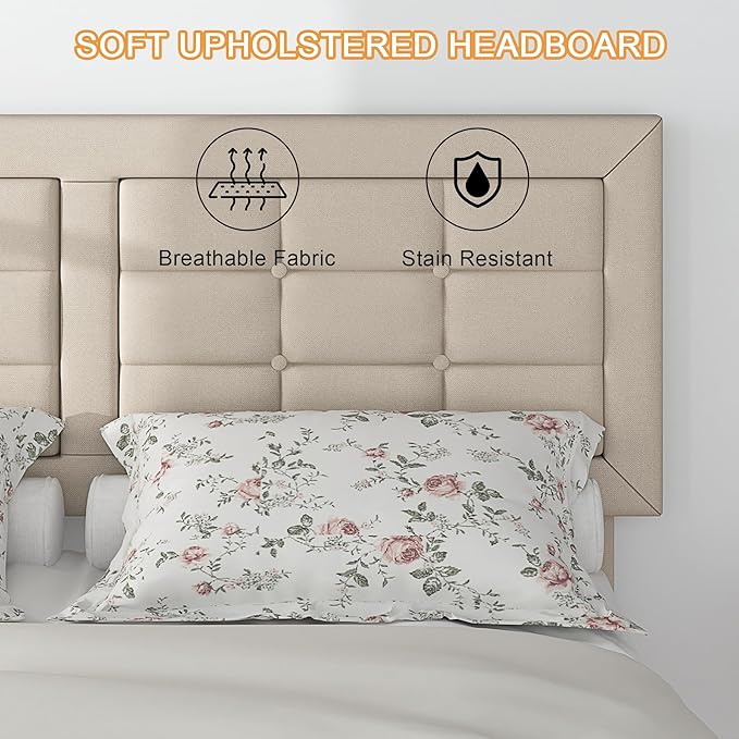 VECELO Full Size Bed Frame with Adjustable Headboard, Upholstered Button Tufted Platform Bedframe with Wood Slats Support, No Box Spring Needed, Beige