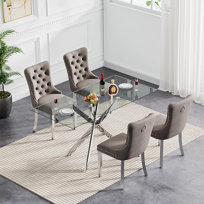 Goujxcy Glass Dining Table Set for 4, Modern Kitchen Table and Chairs Set of 4, 5-Piece Kitchen Dining Room Table Set w/61 Glass Silver Dining Table and 4 Gray Velvet Upholstered Chairs