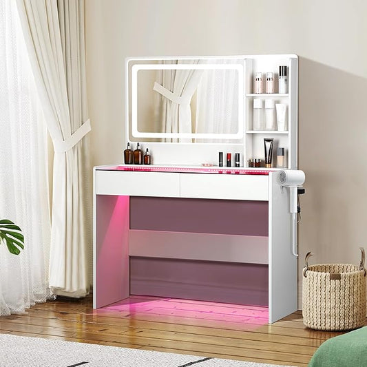 Vanity Desk,Transparent Desktop,Multiple Color Ambient Lights,with Mirror and Tri Color Light Strip,Dressing Table with Charging Station,Equipped with 2 Drawers,White