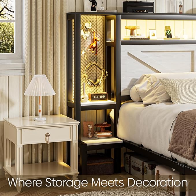 Queen Size Rustic Bed Frame with Storage Born Door Headboard and Bedside Storage, Industrial Farmhouse Metal Platform Bed Frame with Charging Station and LED Lights, White