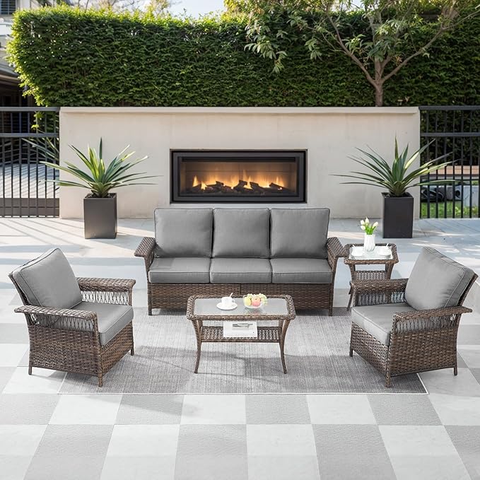 5 Pieces Wicker Patio Furniture Set - Hollow Widen Armrests Outdoor Rattan Chairs, 3 Seat Sofa with Coffee Table & Side Table, Small Patio Convention Set for Deck and Backyard - Brown/Gray