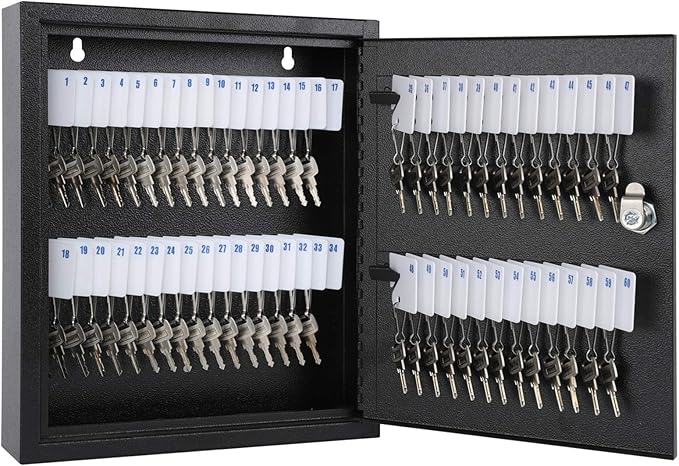 KYODOLED Key Storage Lock Box with Key, Locking Key Cabinet, 60 Key Management Wall Mount with Key Lock, Key Hooks & Tags Key Labels, 2.5" D x 10.2" W x 12.1" H (Black,60 Key)