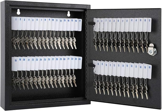 KYODOLED Key Storage Lock Box with Key, Locking Key Cabinet, 60 Key Management Wall Mount with Key Lock, Key Hooks & Tags Key Labels, 2.5" D x 10.2" W x 12.1" H (Black,60 Key)