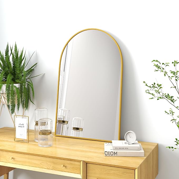 30x20 Arch Mirror Rectangle Wall Mounted Hanging or Against Wall Metal Aluminum Alloy Frame Mirrors for Entryway Bedroom Bathroom Living Room 30 20 inch Gold