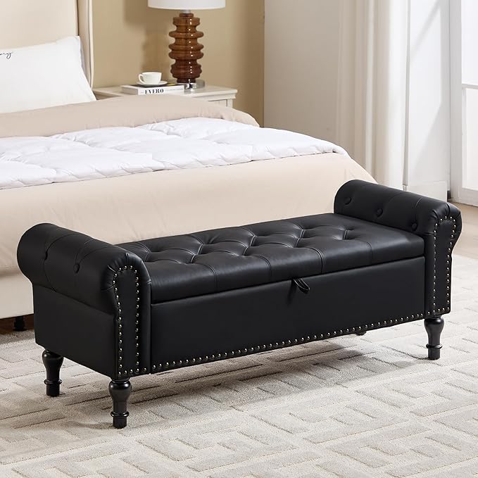 Storage Bench for Bedroom, 51" Upholstered End of Bed Bench, Faux Leather Queen Size Benches with Rolled Arms, Tufted Button Storage Long Ottoman, Living Room, Entryway, Black