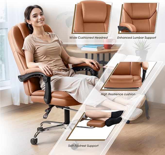 Furmax Executive Office Chair with Foot Rest Big and Tall Office Chair Ergonomic Home Office Desk Chairs Reclining High Back Leather Chair with Lumbar Support, 400LBS (Brown)
