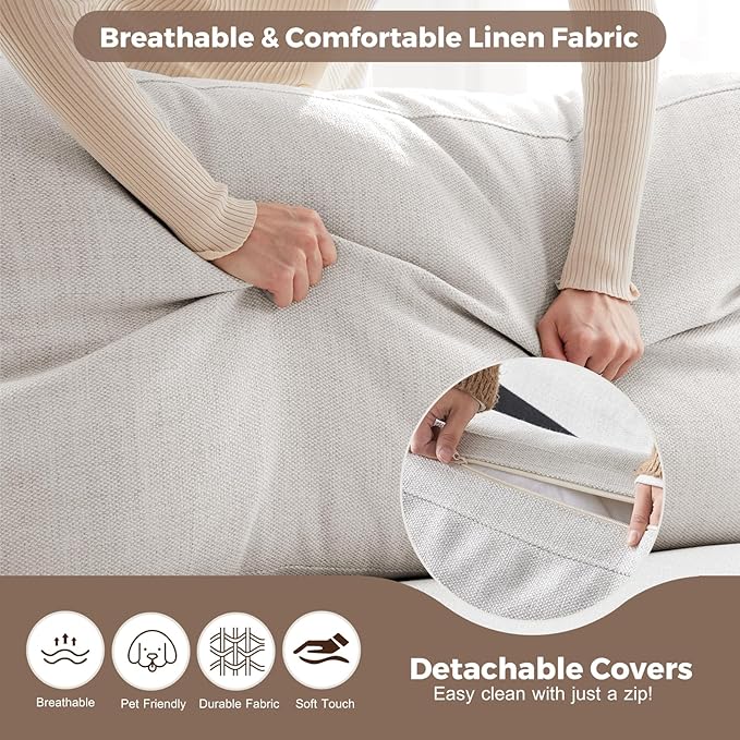 ABCASA 112" Convertible Sectional Sofa, Large L Shaped Couch with Detachable Sofa Cover, Modular Couch for Living Room, Breathable Linen Fabric Corner Sofa for Apartment, Ivory