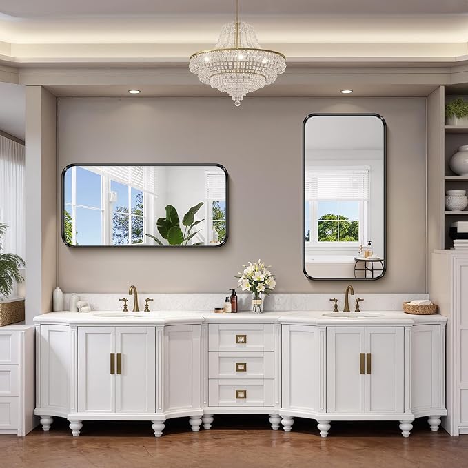 FORBATH 24x48 Inch Bathroom Mirror, Brushed Black Deep Frame Narrow Wall Mirror with Rounded Corners, Anti-Rust Tempered Glass for Modern Farmhouse Vanity (Horizontal/Vertical)