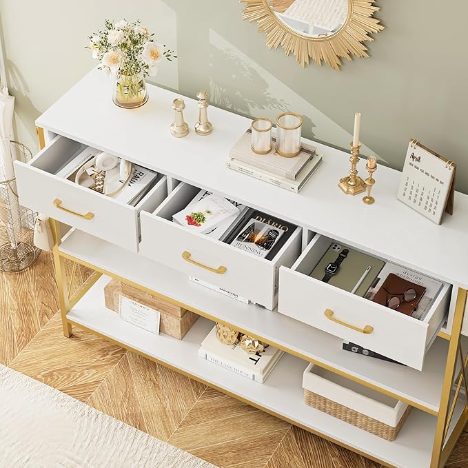 HITHOS 47.2" Console Table with 3 Drawers, Narrow Long Entryway Table with 3-Tier Storage Shelves, Industrial Sofa Foyer Table for Living Room, Hallway, Entry Way, Foyer, Kitchen, White/Gold