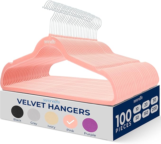 SereneLife 100 Pack Velvet Hangers - Non-Slip Felt with 360° Swivel Hook, Space-Saving, Ultra-Thin, Lightweight for Shirts, Sweaters, Hoodies, Kids Clothes & Dresses