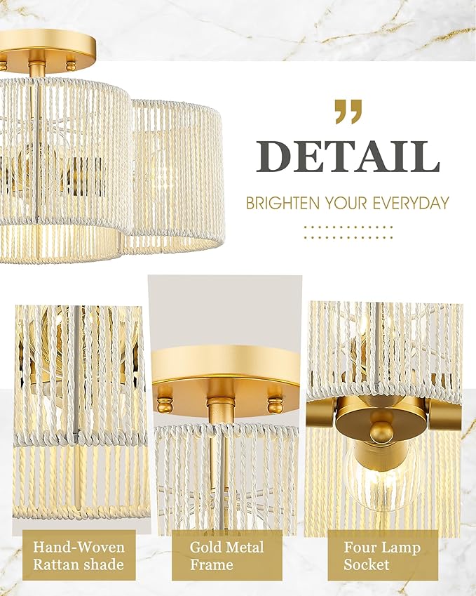 Rattan Light Fixtures Ceiling Mount, 4-Light 14" Boho Semi Flush Mount Ceiling Light with White Hand-Woven Shade in Quatrefoil Shape for Kitchen Nursery Bedroom, Gold, AD-22007-4SF-RA-WH