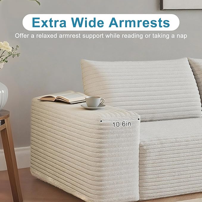 Saiveina 71" Corduroy Loveseat Sofa, Deep Seat Comfy Couch with Backrest and Armrests, No Assembly Required Sofa Couch for Living Room Bedroom Apartment, White