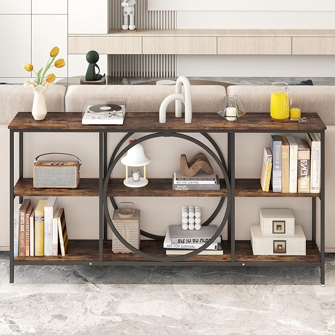 Giantex Narrow Long Console Table, 3-Tier Entryway Table with Faux Wood Grain Top&Heavy-Duty Metal Frame, Mid-Century Accent Sofa Tables with Open Storage Shelves for Living Room, Hallway(Brown+Black)