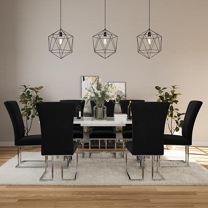 AUZ Dining Chairs Set of 8, Black and Silver Dining Chairs with Velvet Upholstery and Mirrored Silver Sled Legs