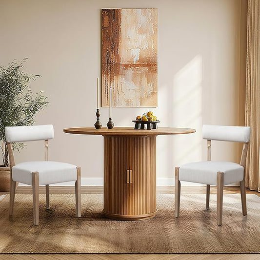 Dining Chairs,2 Pack Mid-Century Modern Wooden Kitchen Chairs with Linen Upholstery - Low-Back Woven Design for Kitchen & Dining Room,Beige Fabric