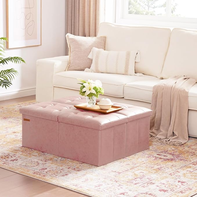 HAUSFRAU 31.5 Inches Ottoman with Storage Bench, Folding Ottoman Bench Small Foot Rest Stool, Bedroom Bench with Flipping Lid, Faux Leather Pale Pink