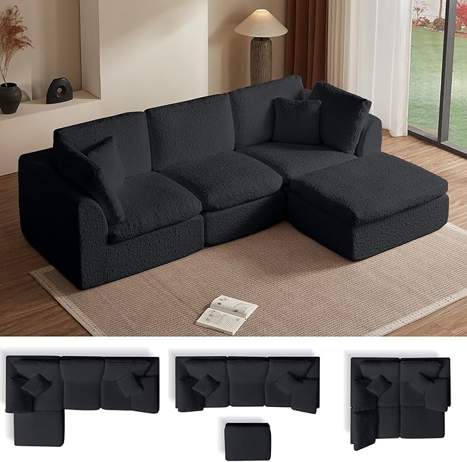 Cilee 110" Modular Sectional Sofa, Cloud Couch with Deep Seat, L-Shape Boneless Sofa, 3 Seat Memory Foam Sofa, No Assembly Required, Upholstered Couch for Living Room, Movable Ottoman, Chenille, Black