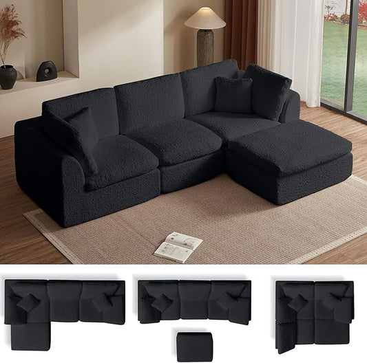 Cilee 110" Modular Sectional Sofa, Cloud Couch with Deep Seat, L-Shape Boneless Sofa, 3 Seat Memory Foam Sofa, No Assembly Required, Upholstered Couch for Living Room, Movable Ottoman, Chenille, Black