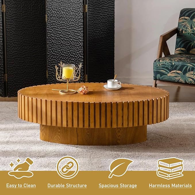 Oval Drum Coffee Table 43.3" Wooden Coffee Tables Handcrafted Fluted Drum Coffee Table Mid Century Modern Luxury Center Table Vintage Farmhouse Center Table for Living Room (Oval Wood)