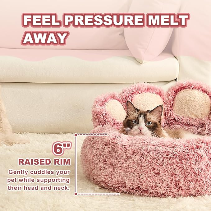 Jiupety Paw Shape Calming Pet Bed, Plush Faux Fur Donut Bed for Dogs & Cats, Machine Washable, Non-Slip Bottom, Medium (22"×22"×6"), Pink