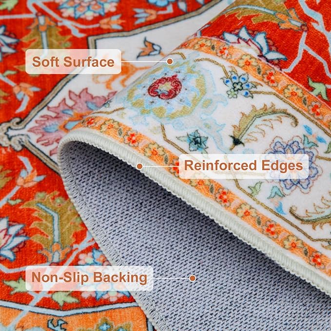 WILLSUN Washable Area Rugs, 4x6 Non-Slip Boho Large Area Rugs for Living Room, Bedroom, Machine Washable Vintage Rug, Indoor Floral Print Carpet for Home Decor, Kid & Pet Friendly Mat