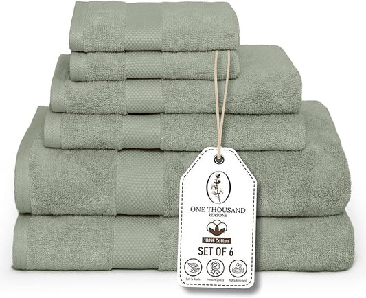 Premium Staple Cotton Bathroom Towel Set - Sage Green 600 GSM 6-Piece Luxury Bath Towel Set 1 Stripe - 2 Bath Towels, 2 Hand Towels & 2 Washclothes Set - High Absorbent & Quick Dry for Gym, Spa, Hotel