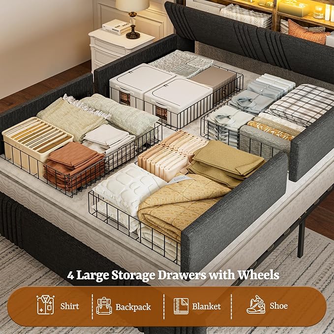 IKIFLY California King Bed Frames with Hidden Storage Headboard & 4 Drawers, 49.2” Tall Upholstered Wingback Headboard with LED Lights and Charging Station, No Box Spring Needed, Noise Free, Black