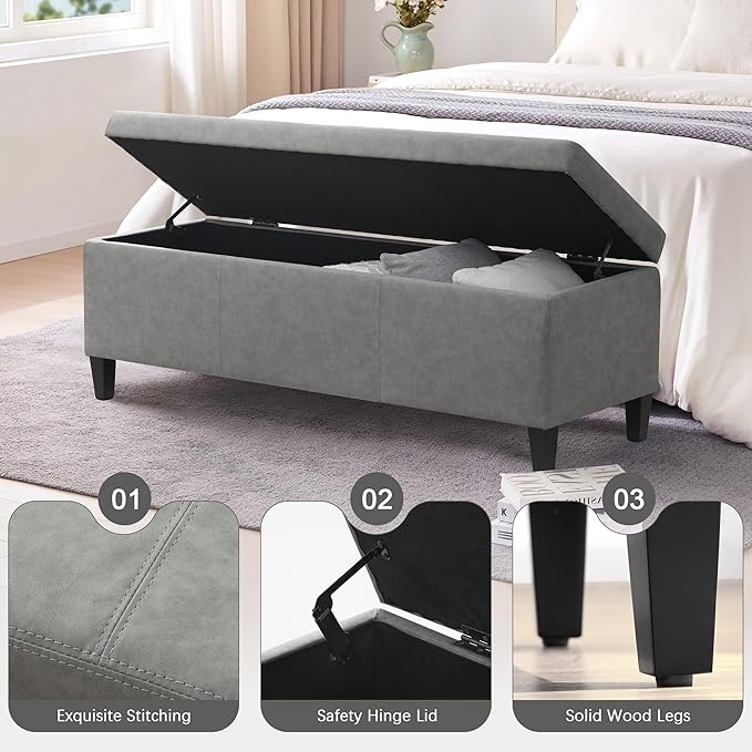 HUIMO Faux Leather Storage Ottoman Bench 50.3 Inch Extra Long PU Upholstered Bedroom Bench with Large Storage Space for The Living Room, Entryway, Bedroom Hold Up to 300lbs (Grey)