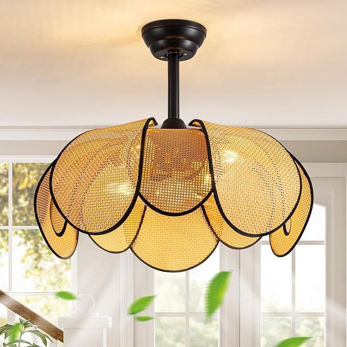 Rattan Fandelier Ceiling Fans with Lights,Boho Black Chandelier Ceiling Fan with Light Remote,Flush Mount Chandelier Ceiling Fan with 6 Speeds Fandelier for Bedroom, Living Room,Kitchen,26inch